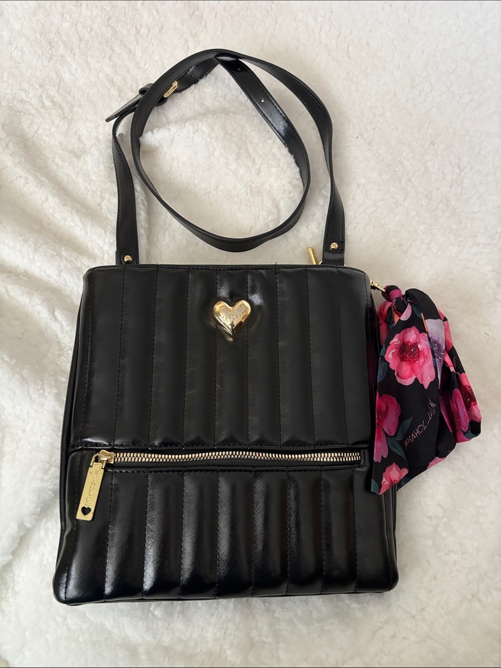 Betsey Johnson Black Quilted Heart Accent Crossbody Bag with Floral Scarf